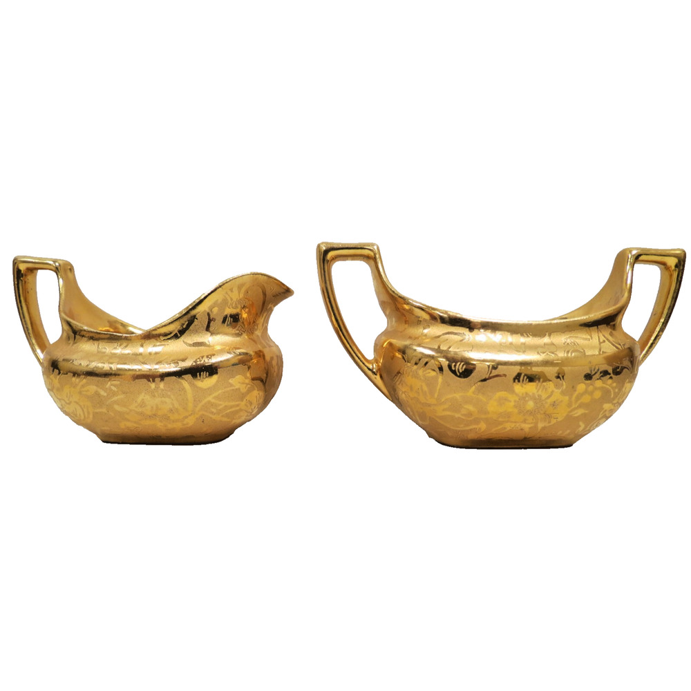 Vintage Stouffer Gold Encrusted Porcelain Creamer & Sugar Bowl Set Mid-Century